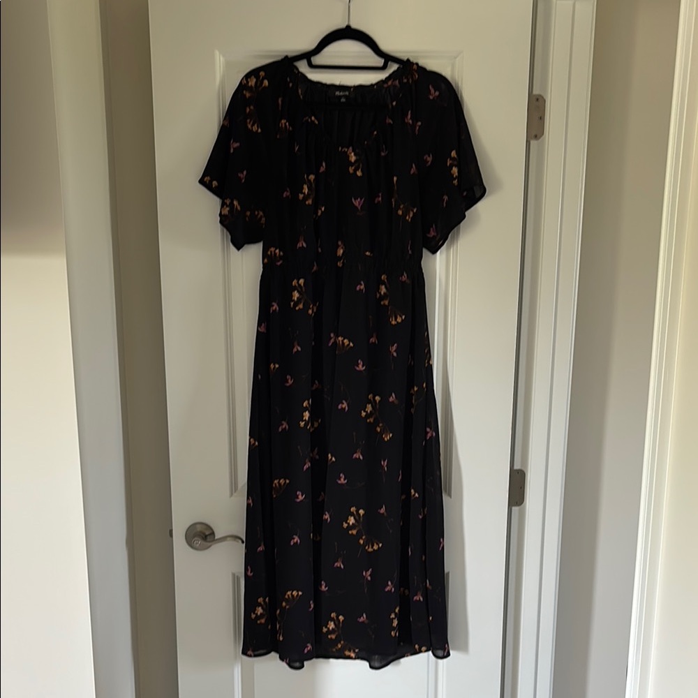 Madewell Black and Orange Puff Sleeve Midi Sundress